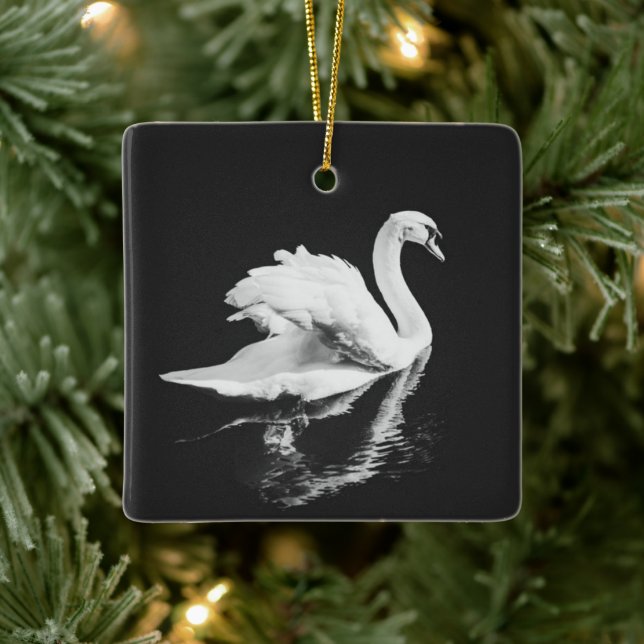 Swan Swimming Black and White Ceramic Ornament (Tree)