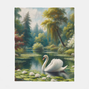Swan Swimming on the Pond Impressionist Painting Fleece Blanket