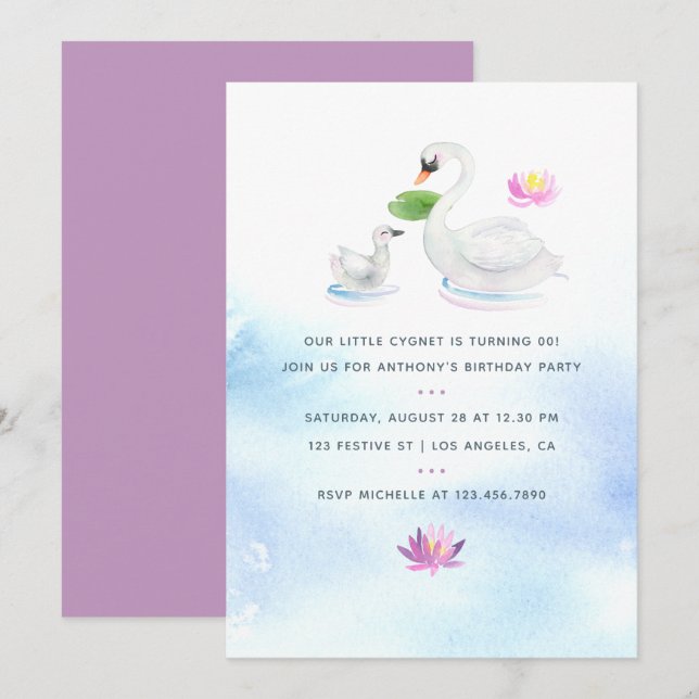 Swan watercolor children's Birthday Party invite (Front/Back)
