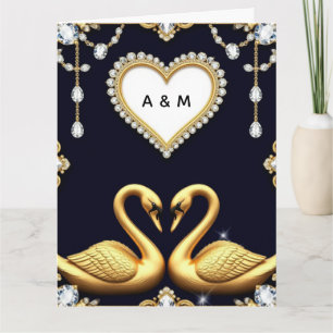 Swan Wedding Couple With Gold Rings Card