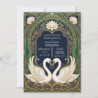 Swan Wedding Invitation Art Nouveau Gold Frame