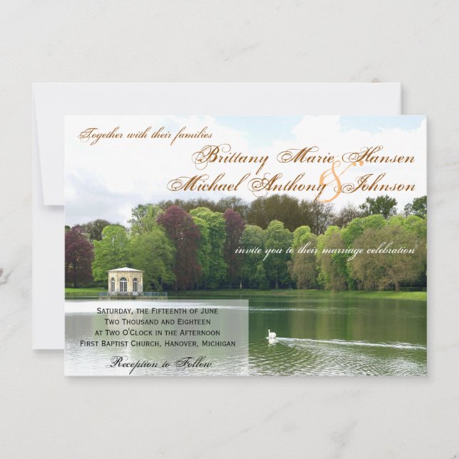 Swan Wedding Invitation with Green Trees & Lake (Front)