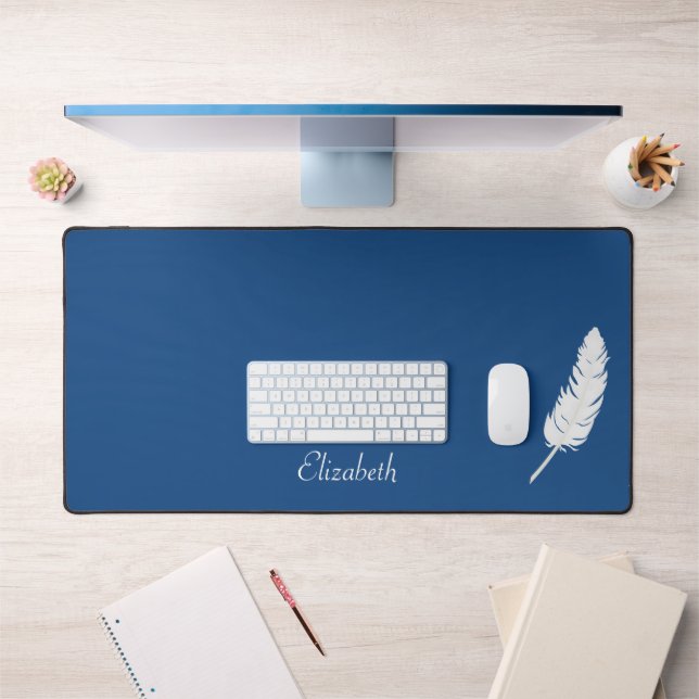 Swan White Feather & Calligraphy on Lake Blue Desk Mat (Office 1)
