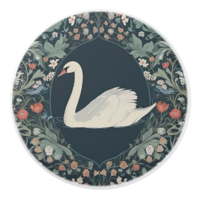 Swan William Morris style Left facing Floral Ceramic Knob (Front)