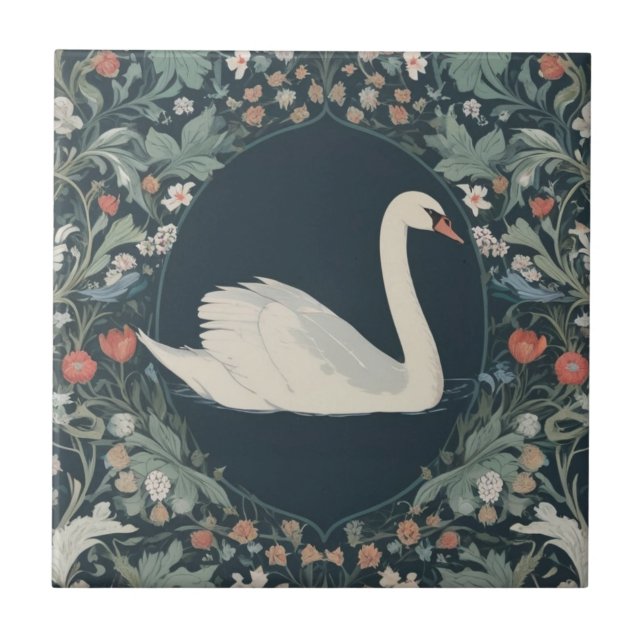 Swan William Morris style Right facing Floral Tile (Front)