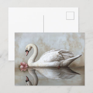 Swan with a Blush Pink Flower Painting Postcard