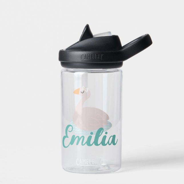 Swan with Bow Pink Name Kids Water Bottle (Left)