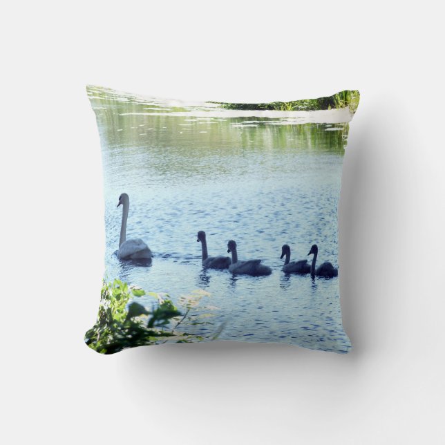 Swan With Cygnets on River Throw Pillow (Front)