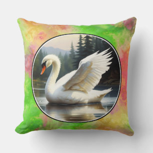 Swan with Outstretched Wings glides  across Pond Throw Pillow