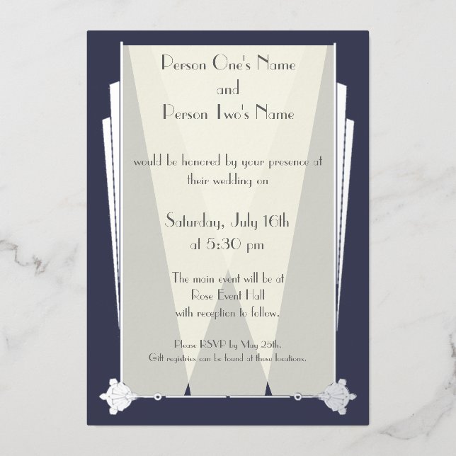 Swanky Art Deco in Blue Foil Invitation (Front)