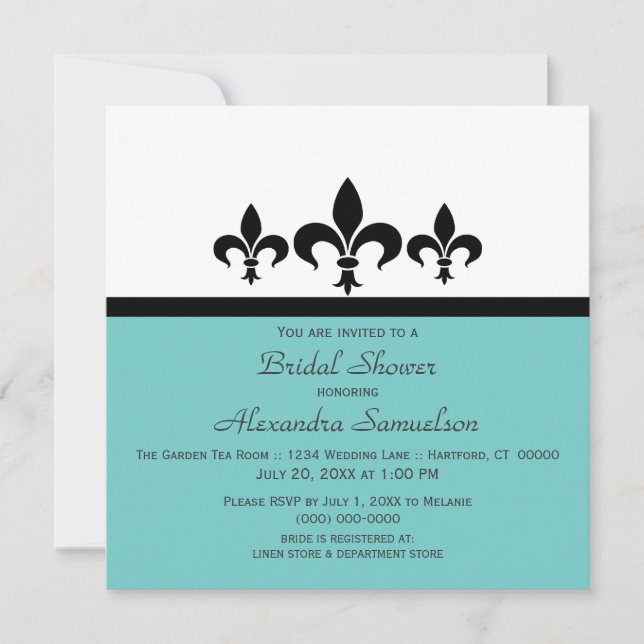 Swanky Fleur De Lis Bridal Shower Invite, Aqua Invitation (Front)