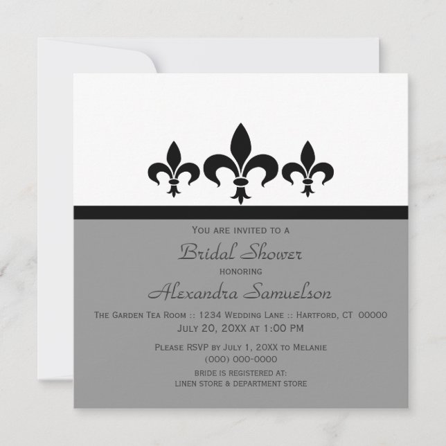 Swanky Fleur De Lis Bridal Shower Invite, Grey Invitation (Front)