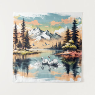 Swans Amidst the Mountains: Alpine Serenity Tapestry