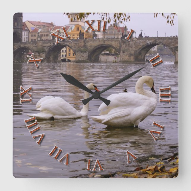 Swans and Charles bridge in Prague Square Wall Clock (Front)