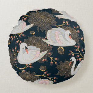 Swans and chrysanthemums, natural pattern. round pillow