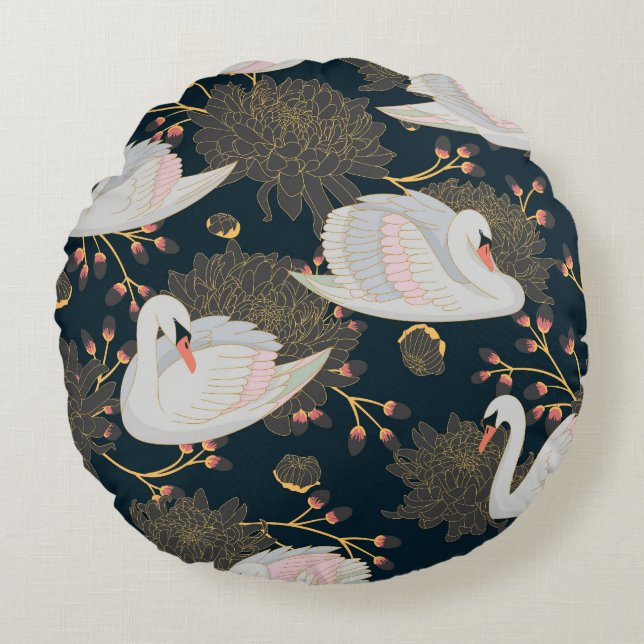 Swans and chrysanthemums, natural pattern. round pillow (Front)