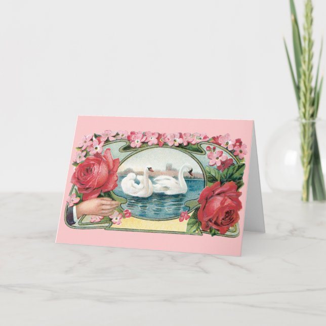 Swans and Roses Victorian Blank Art Card (Front)