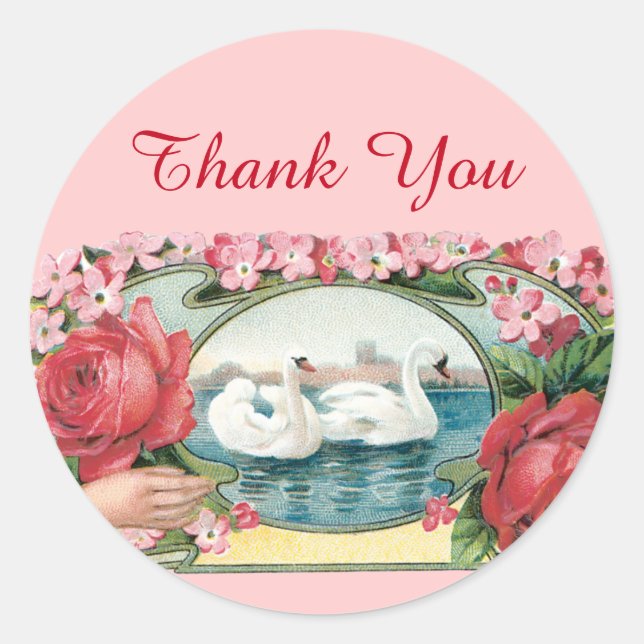 Swans and Roses Vintage Art Thank You Stickers (Front)
