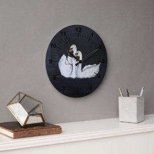 Swans at Night Painting by Alfred Fox Large Clock