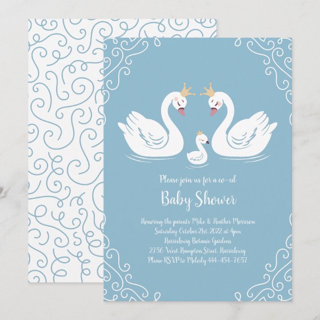 Swans Baby Shower Bird with Crown Co-Ed Blue Invitation (Front/Back)