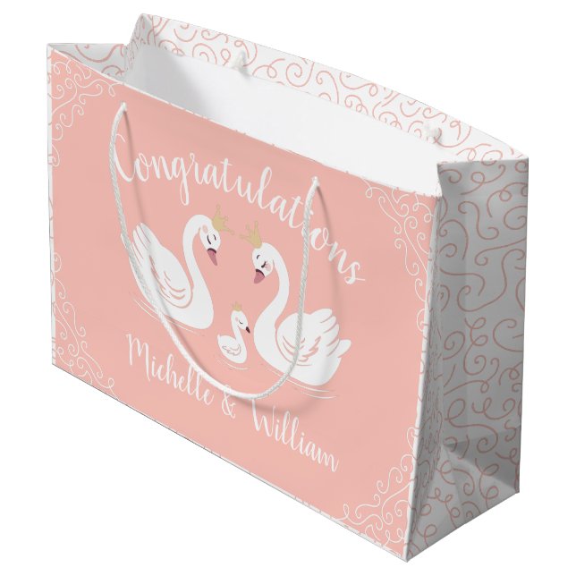 Swans Baby Shower Bird with Crown Co-Ed Peach Large Gift Bag (Back Angled)