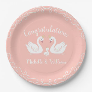 Swans Baby Shower Bird with Crown Co-Ed Peach Paper Plate