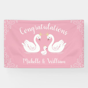 Swans Baby Shower Bird with Crown Co-Ed Pink Banner