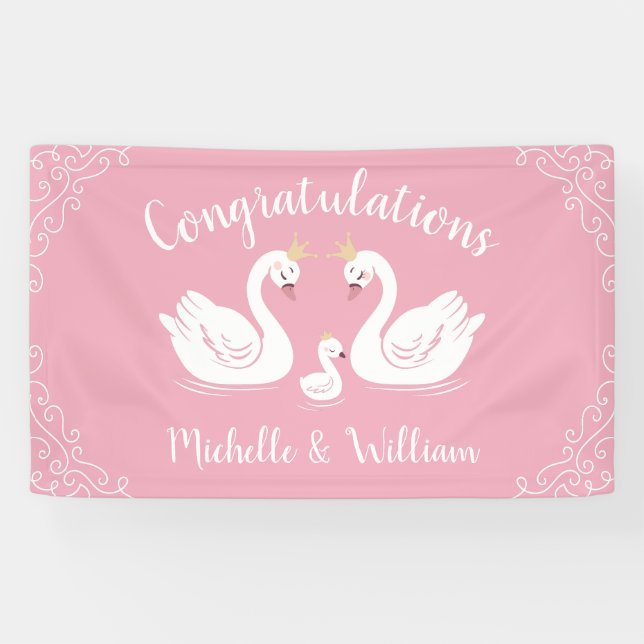 Swans Baby Shower Bird with Crown Co-Ed Pink Banner (Horizontal)