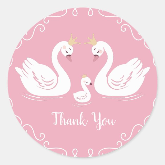 Swans Baby Shower Bird with Crown Co-Ed Pink Classic Round Sticker (Front)