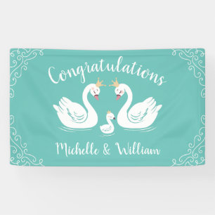 Swans Baby Shower Bird with Crown Co-Ed Teal Banner