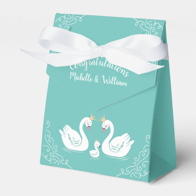 Swans Baby Shower Bird with Crown Co-Ed Teal Favor Box (Front Side)