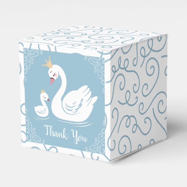 Swans Baby Shower Bird with Crown Theme Blue Favor Box (Front Side)