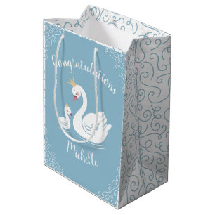 Swans Baby Shower Bird with Crown Theme Blue Medium Gift Bag
