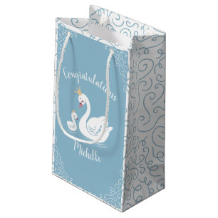 Swans Baby Shower Bird with Crown Theme Blue Small Gift Bag