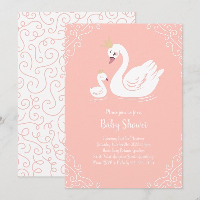 Swans Baby Shower Bird with Crown Theme Peach Invitation (Front/Back)