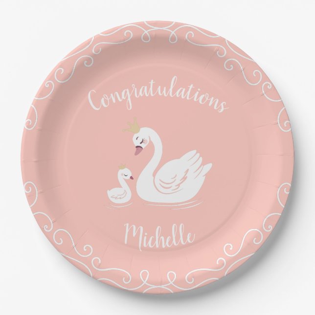 Swans Baby Shower Bird with Crown Theme Peach Paper Plate (Front)