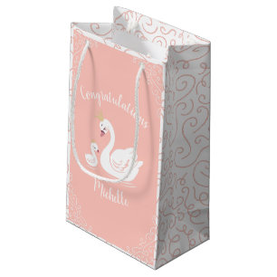 Swans Baby Shower Bird with Crown Theme Peach Small Gift Bag