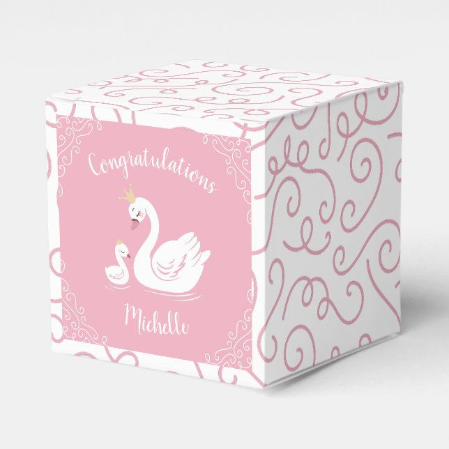 Swans Baby Shower Bird with Crown Theme Pink Favor Box (Front Side)