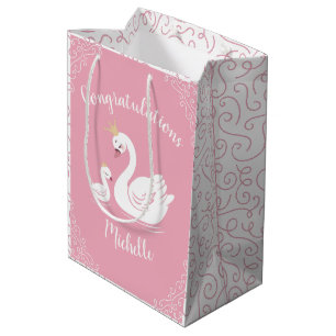 Swans Baby Shower Bird with Crown Theme Pink Medium Gift Bag