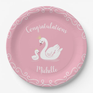 Swans Baby Shower Bird with Crown Theme Pink Paper Plate