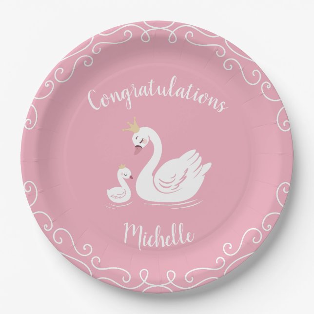 Swans Baby Shower Bird with Crown Theme Pink Paper Plate (Front)