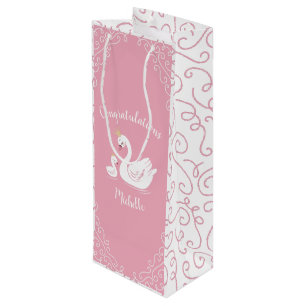 Swans Baby Shower Bird with Crown Theme Pink Wine Gift Bag