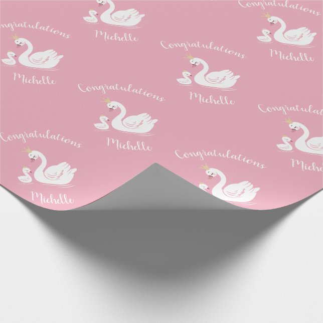 Swans Baby Shower Bird with Crown Theme Pink Wrapping Paper (Corner)