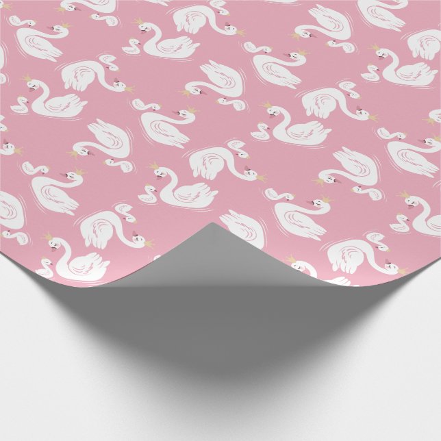 Swans Baby Shower Bird with Crown Theme Pink Wrapping Paper (Corner)