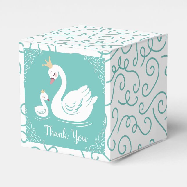 Swans Baby Shower Bird with Crown Theme Teal Favor Box (Front Side)