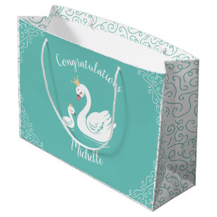 Swans Baby Shower Bird with Crown Theme Teal Large Gift Bag