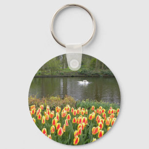 Swans by a lake with tulips, Keukenhof Keychain