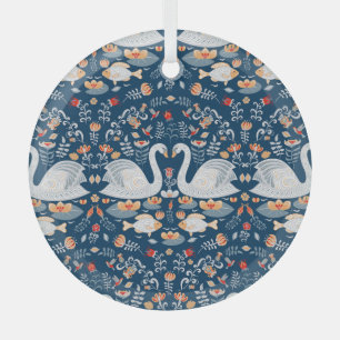 Swans, fish, flowers, folk pattern. glass ornament