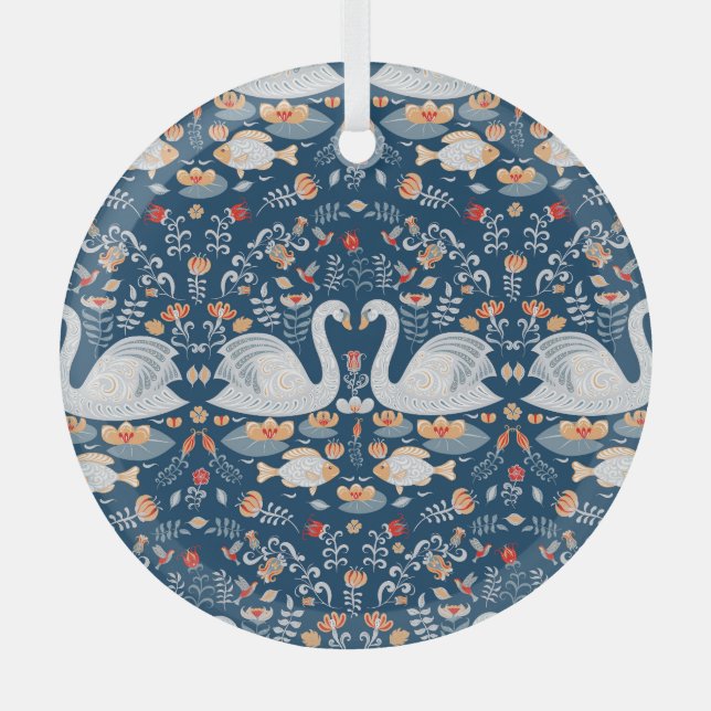 Swans, fish, flowers, folk pattern. glass ornament (Front)