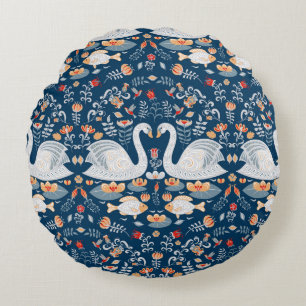 Swans, fish, flowers, folk pattern. round pillow
